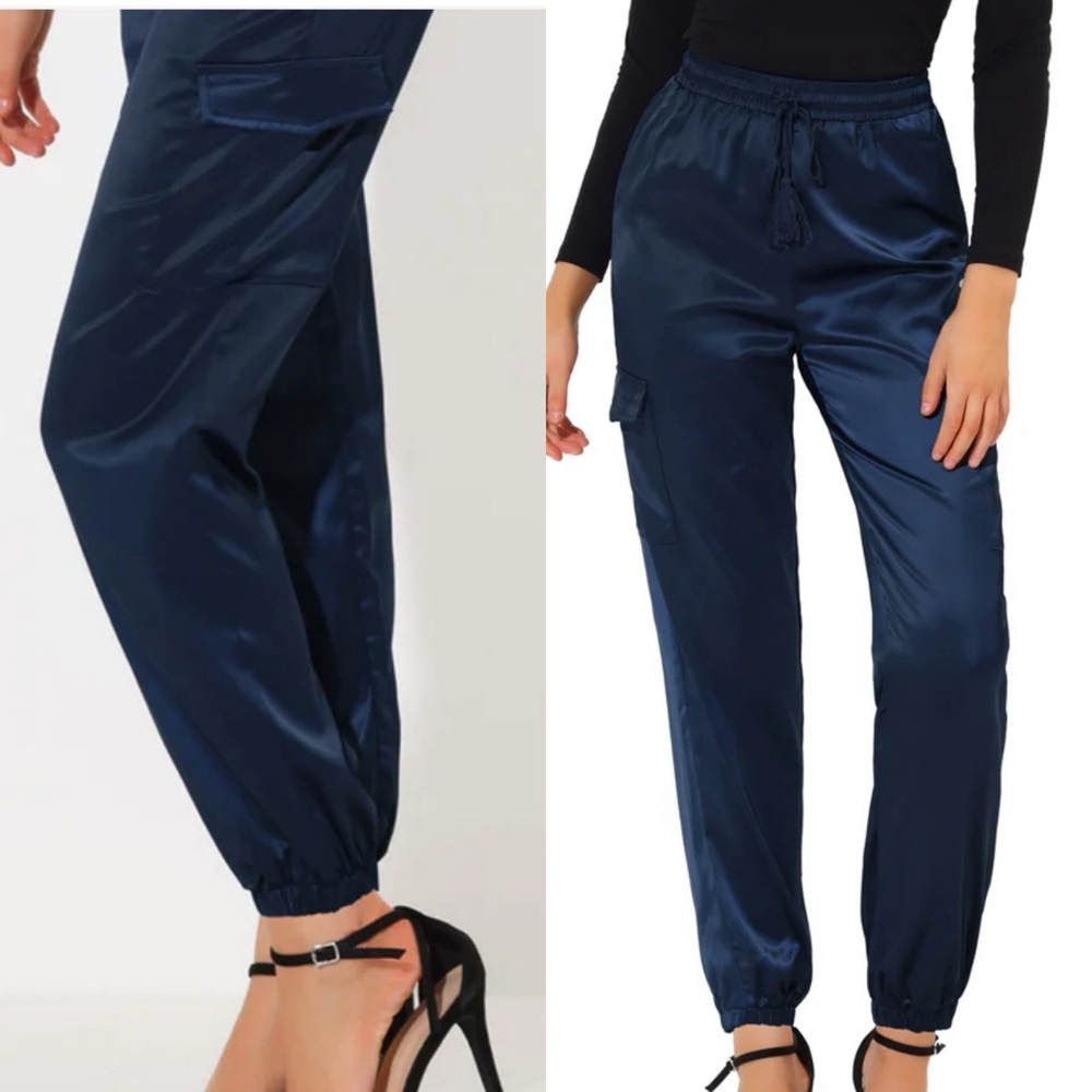 AllegraK Satin Cargo Jogger Pants Dark Blue Sz M NWT Drawstring Waistband Pocket